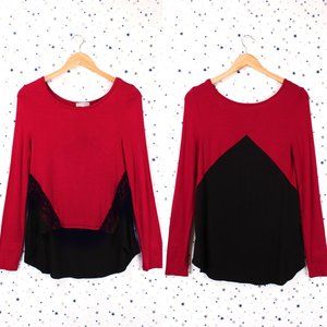 Color Block Lace Detail Top Red Burgundy Black